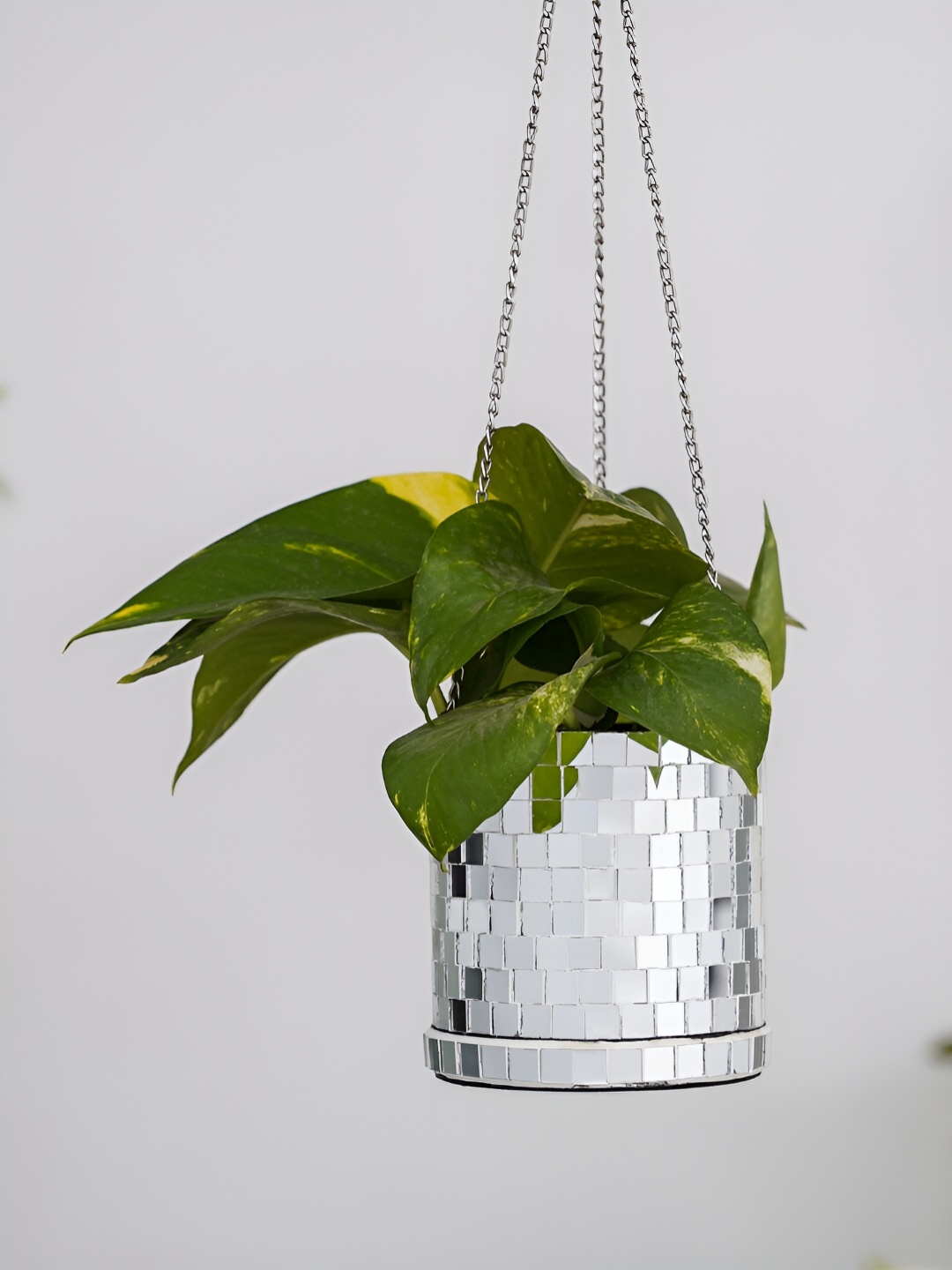 

DecorTwist Silver Toned Textured Metal Planter With Chain