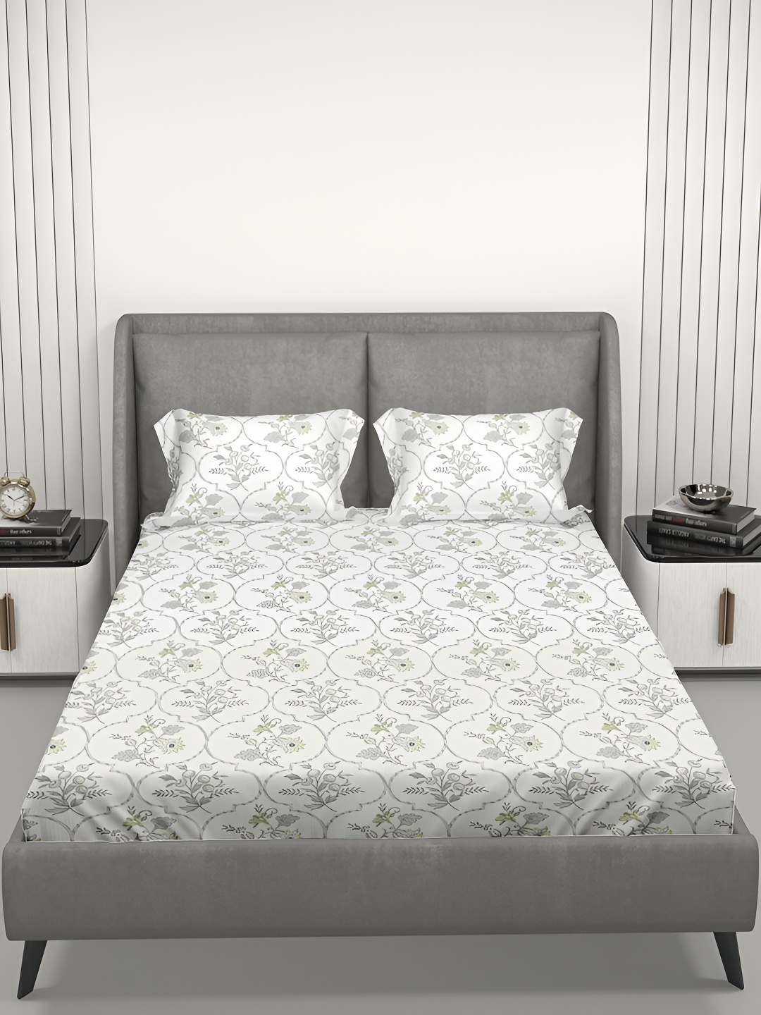 

Aura White & Grey Floral Cotton 144 TC King Bedsheet With 2 Pillow Covers