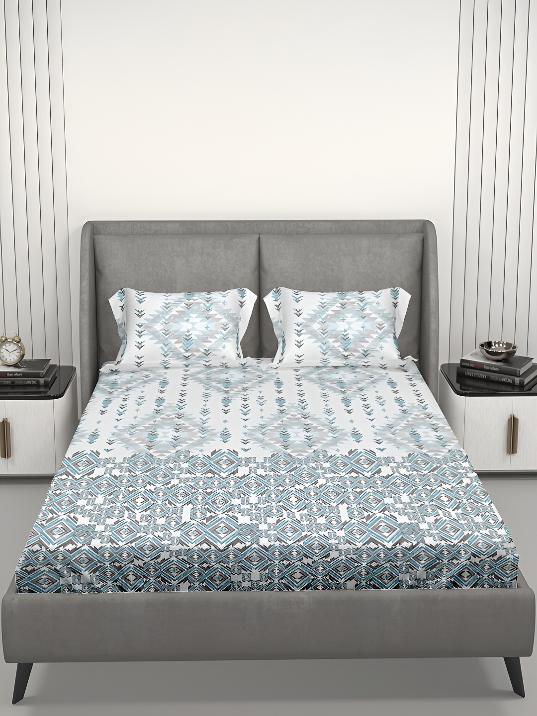 

Aura Blue & White Geometric Cotton 144 TC King Bedsheet with 2 Pillow Covers