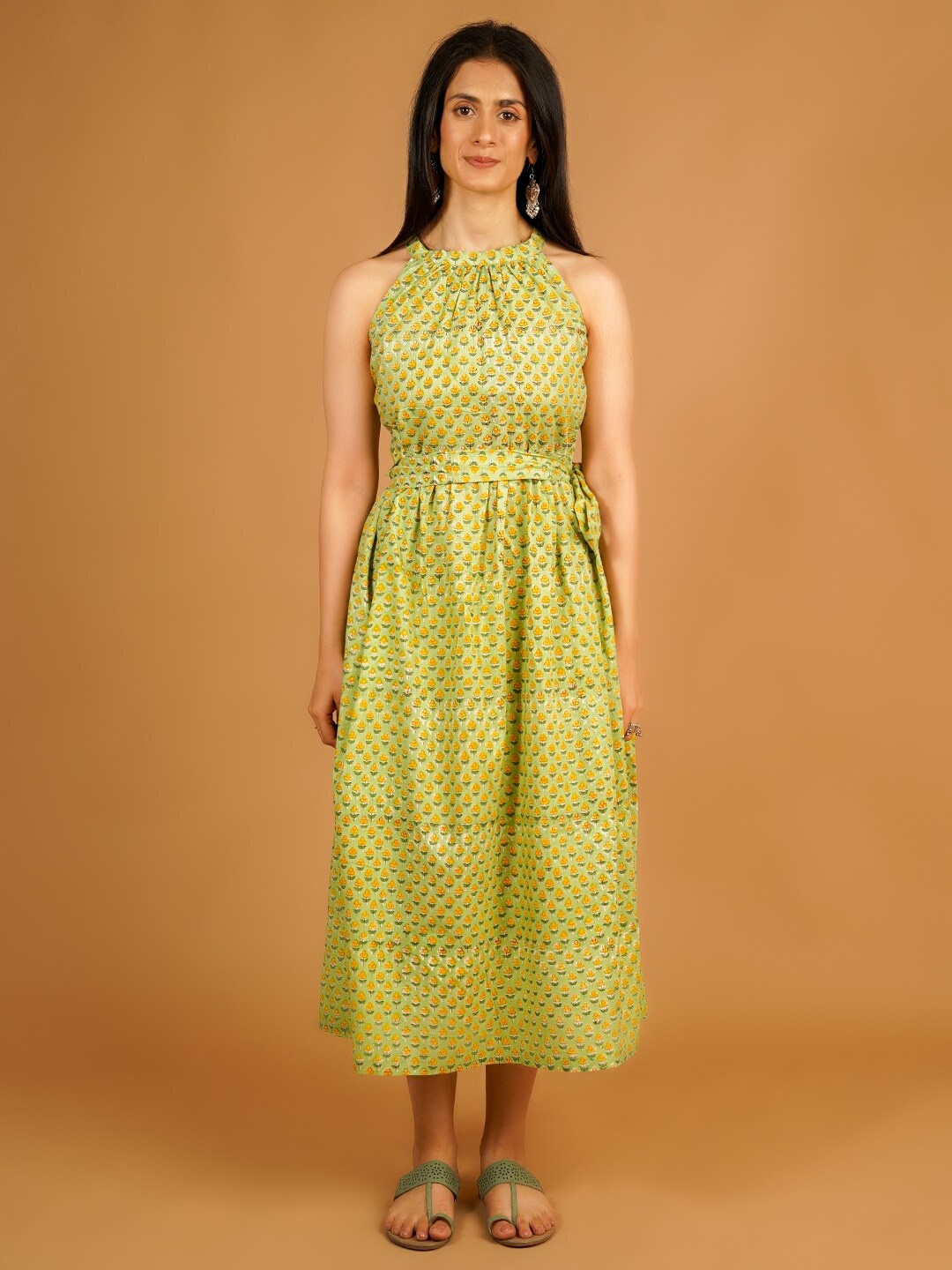

INDOPHILIA Floral Print Halter Neck Cotton Fit & Flare Midi Dress, Green
