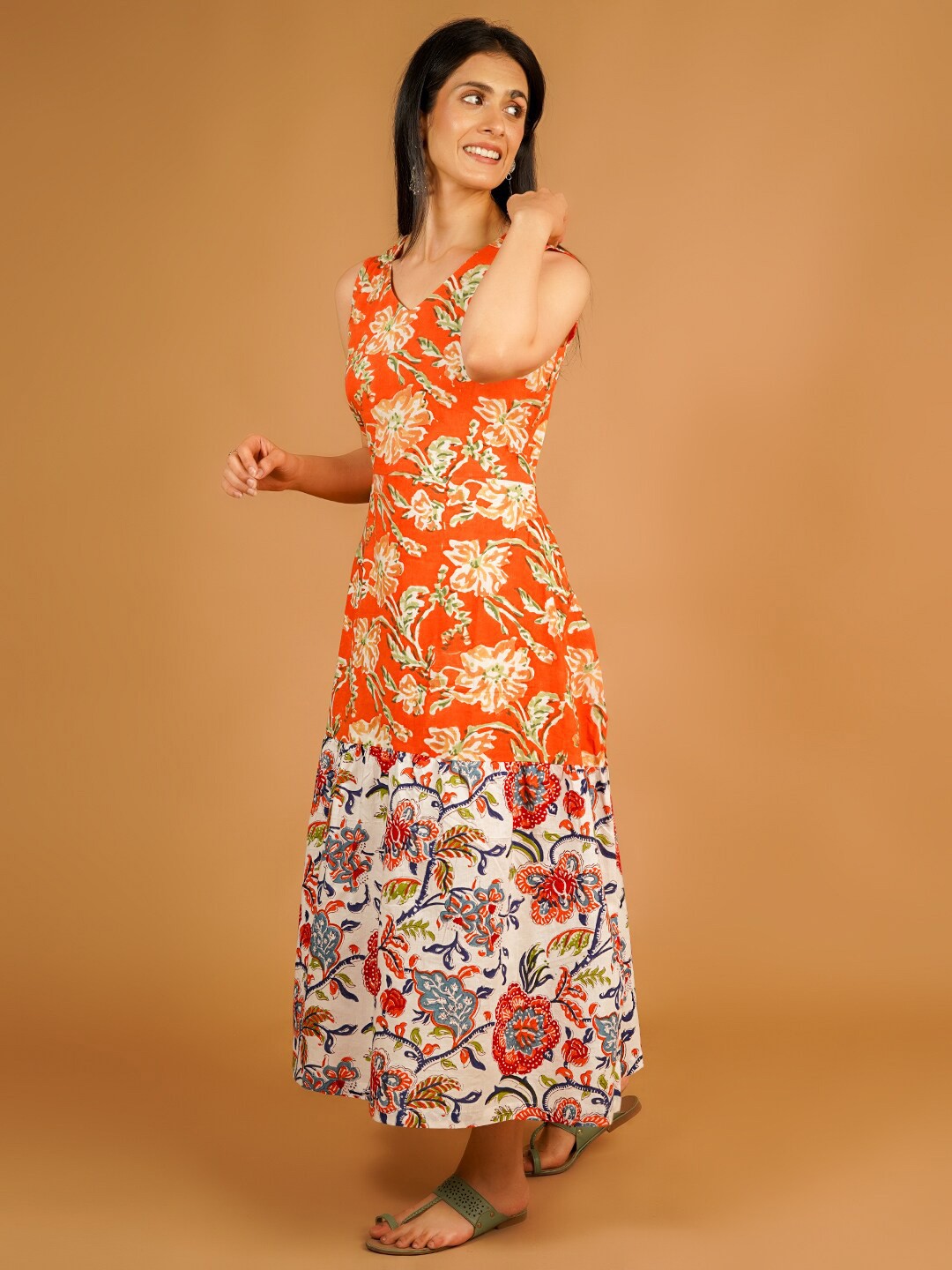 

INDOPHILIA Floral Print V-Neck Fit & Flare Cotton Maxi Dress, Orange