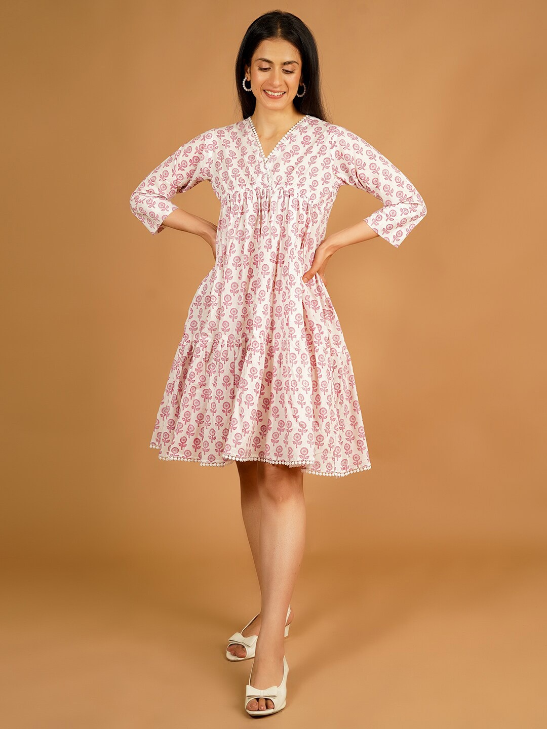 

INDOPHILIA Ethnic Motifs Printed Pure Cotton Empire Dress, White