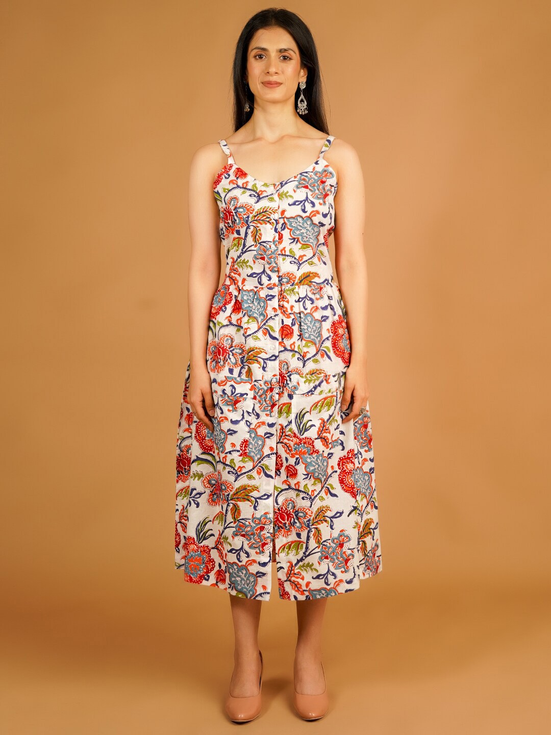 

INDOPHILIA Floral Print Shoulder Straps Cotton Fit & Flare Midi Dress, White