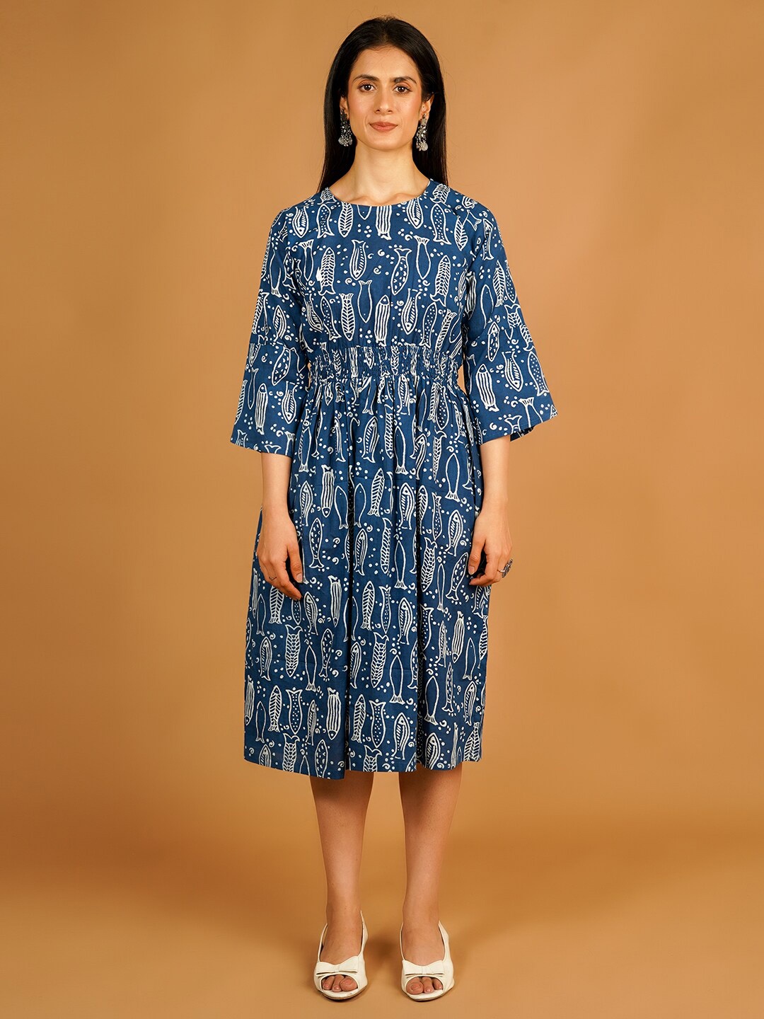 

INDOPHILIA Conversational Print Round Neck Cotton A-Line Dress, Blue