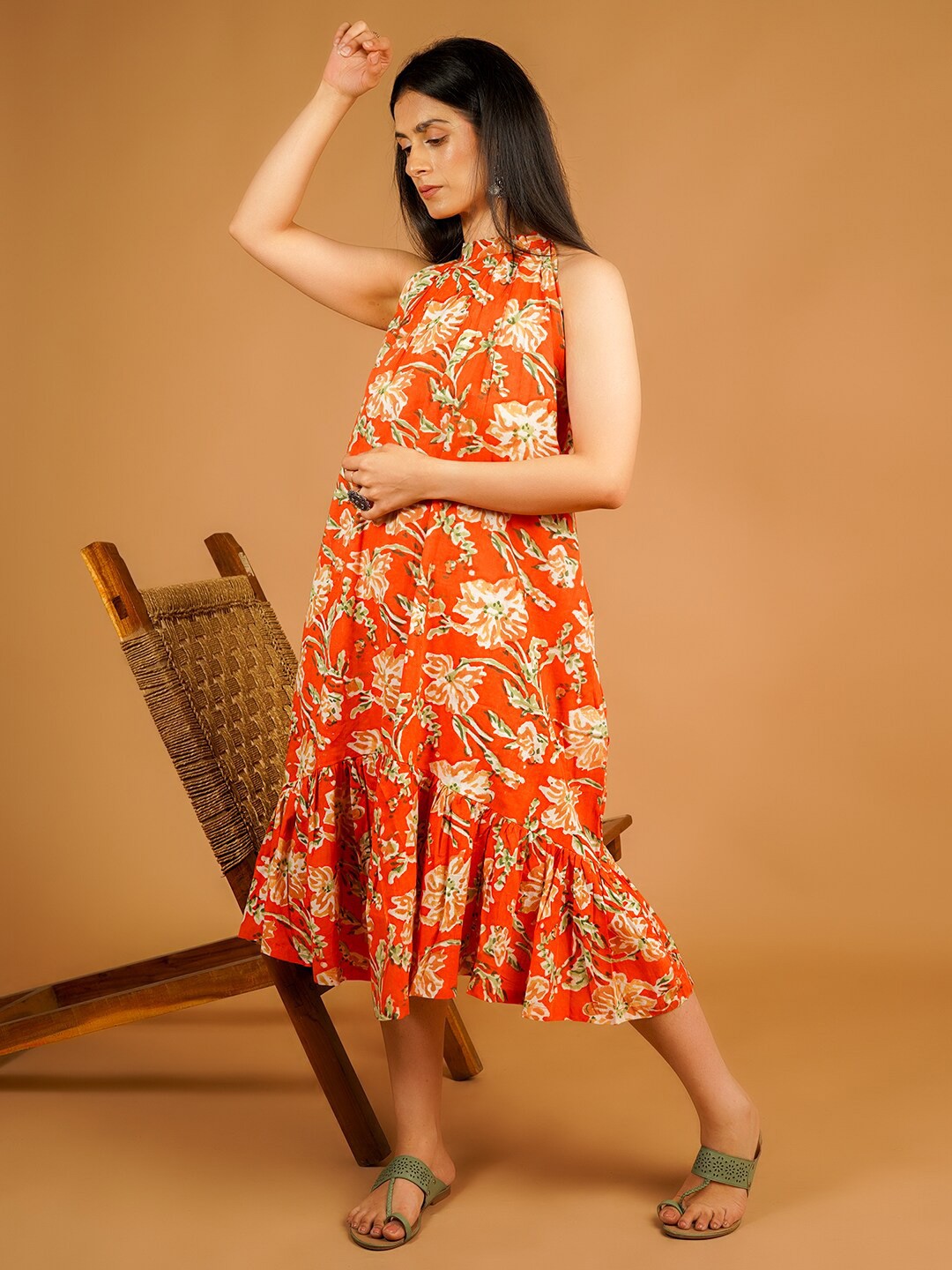 

INDOPHILIA Floral Print Halter Neck Cotton A-Line Midi Dress, Orange