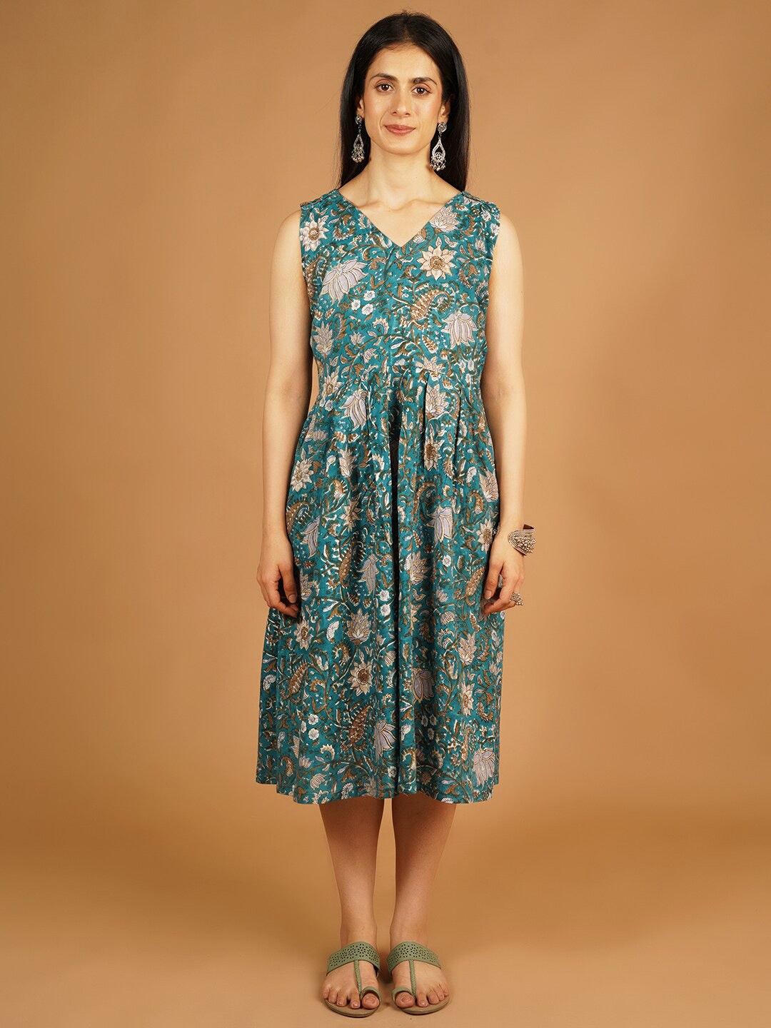 

INDOPHILIA Floral Print V-Neck Cotton A-Line Midi Dress, Blue