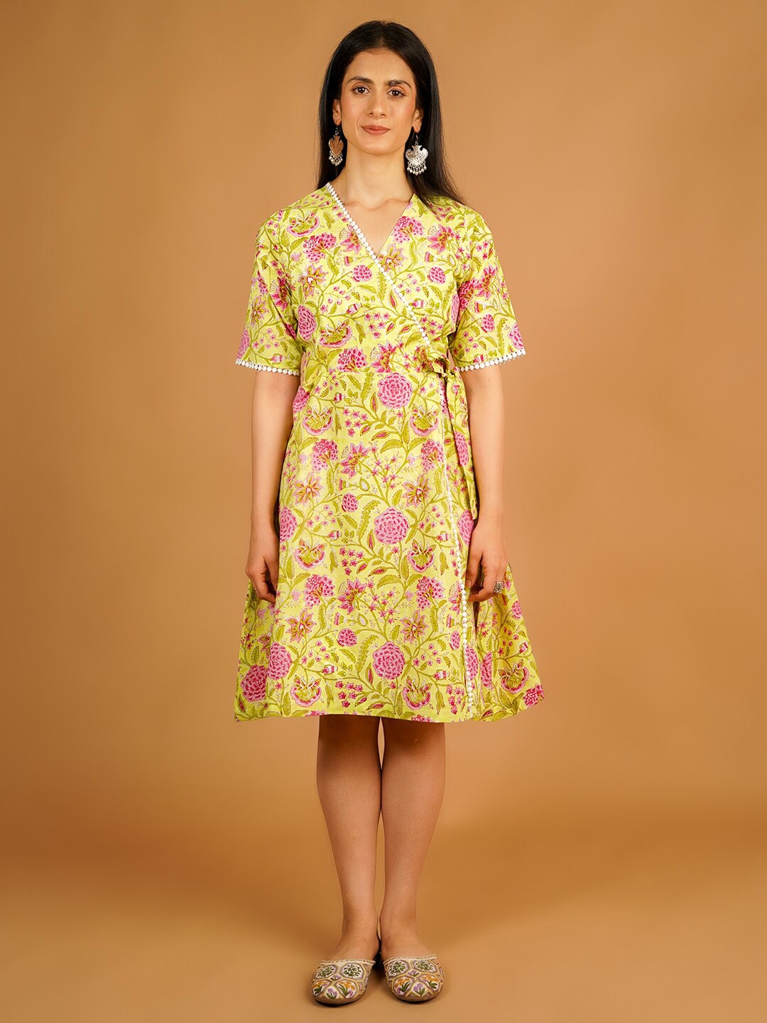 

INDOPHILIA Floral Print V-Neck Cotton Wrap Dress, Yellow