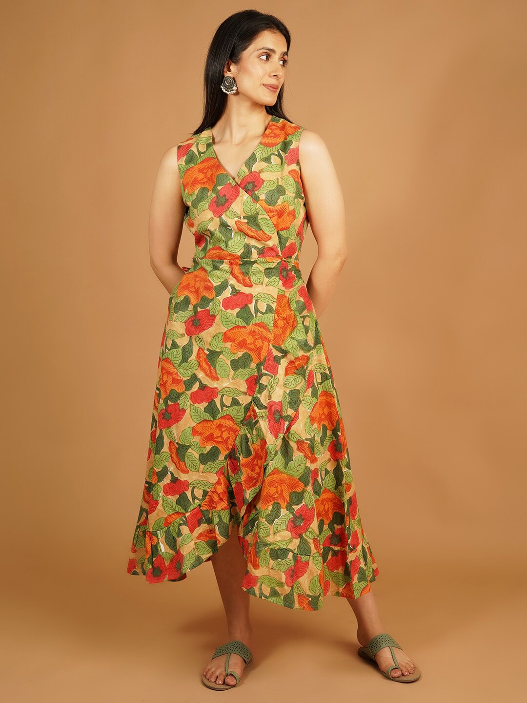 

INDOPHILIA Floral Print V-Neck Cotton Wrap Midi Dress, Orange