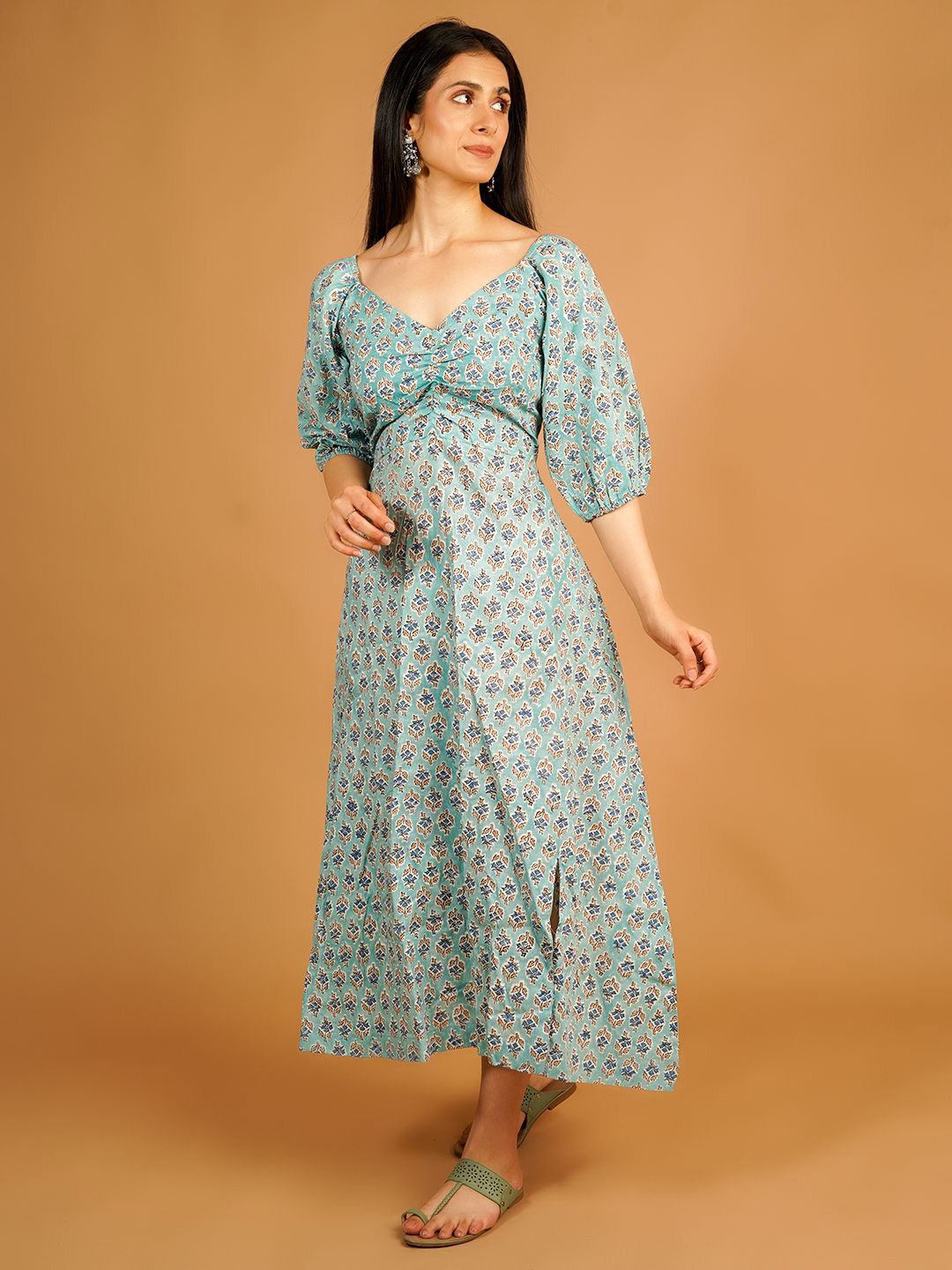 

INDOPHILIA Floral Print V-Neck Puff Sleeves Cotton A-Line Dress, Blue