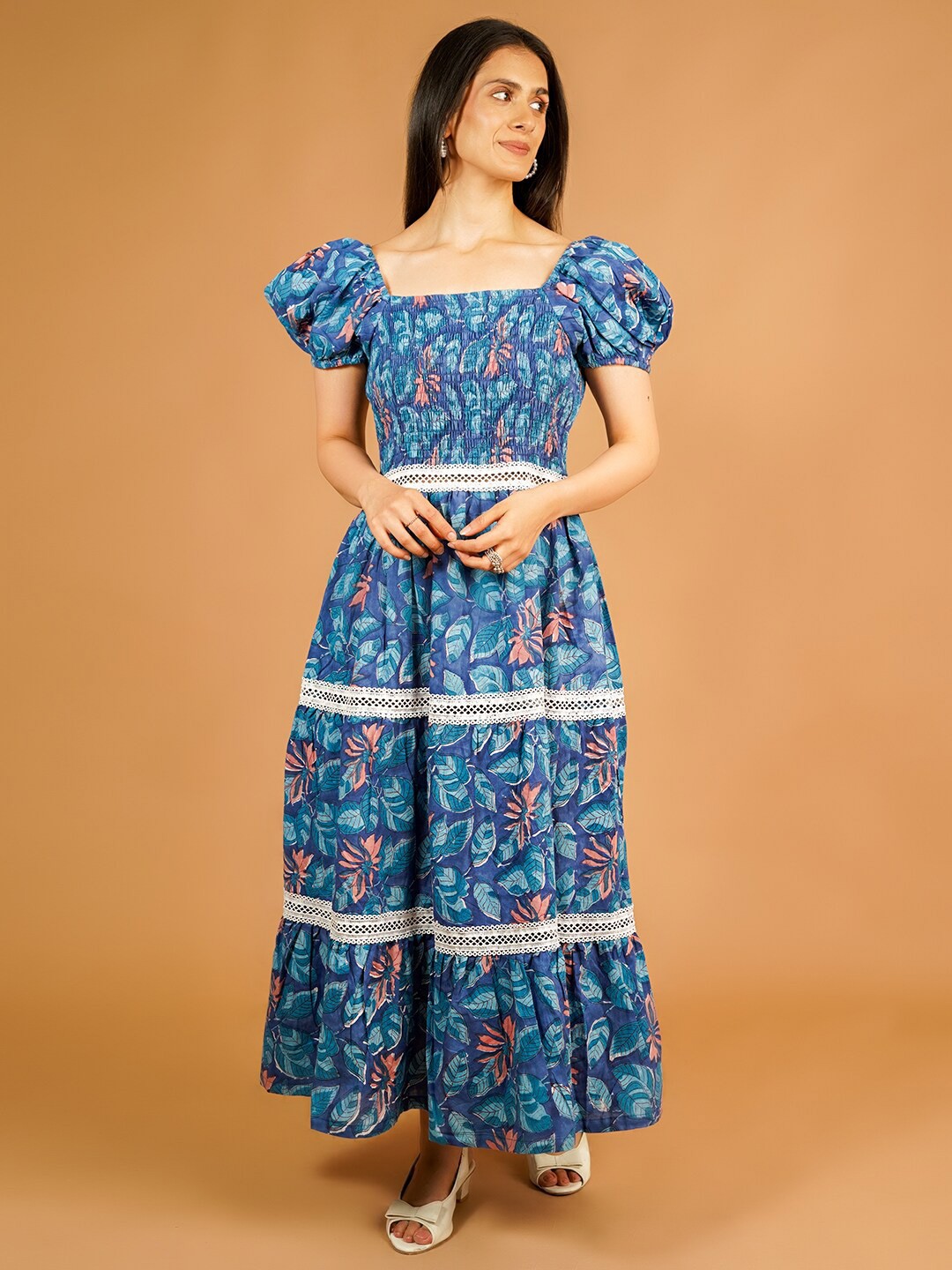 

INDOPHILIA Floral Print Square Neck Cotton Puff Sleeve Maxi Dress, Blue