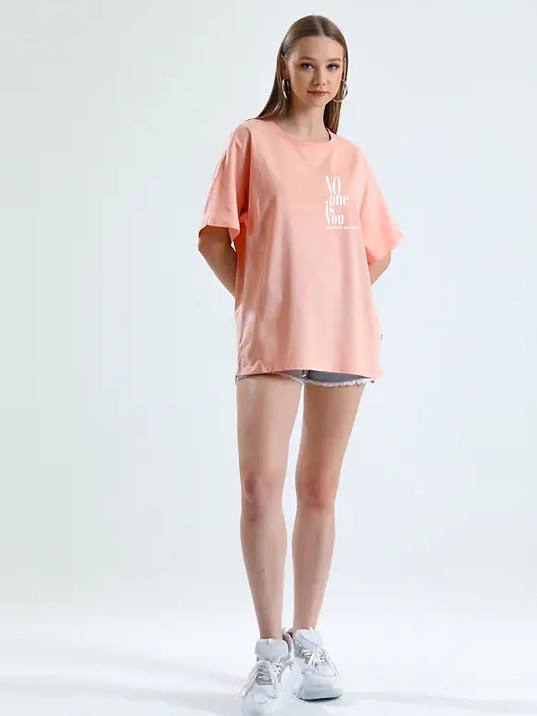 

MISCHIEF MONKEY Typography Printed Oversized Cotton T-shirt, Peach