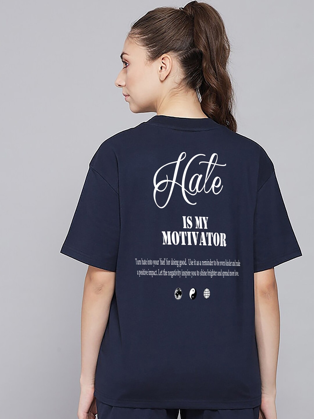 

MISCHIEF MONKEY Typography Printed Oversized Cotton T-shirt, Navy blue
