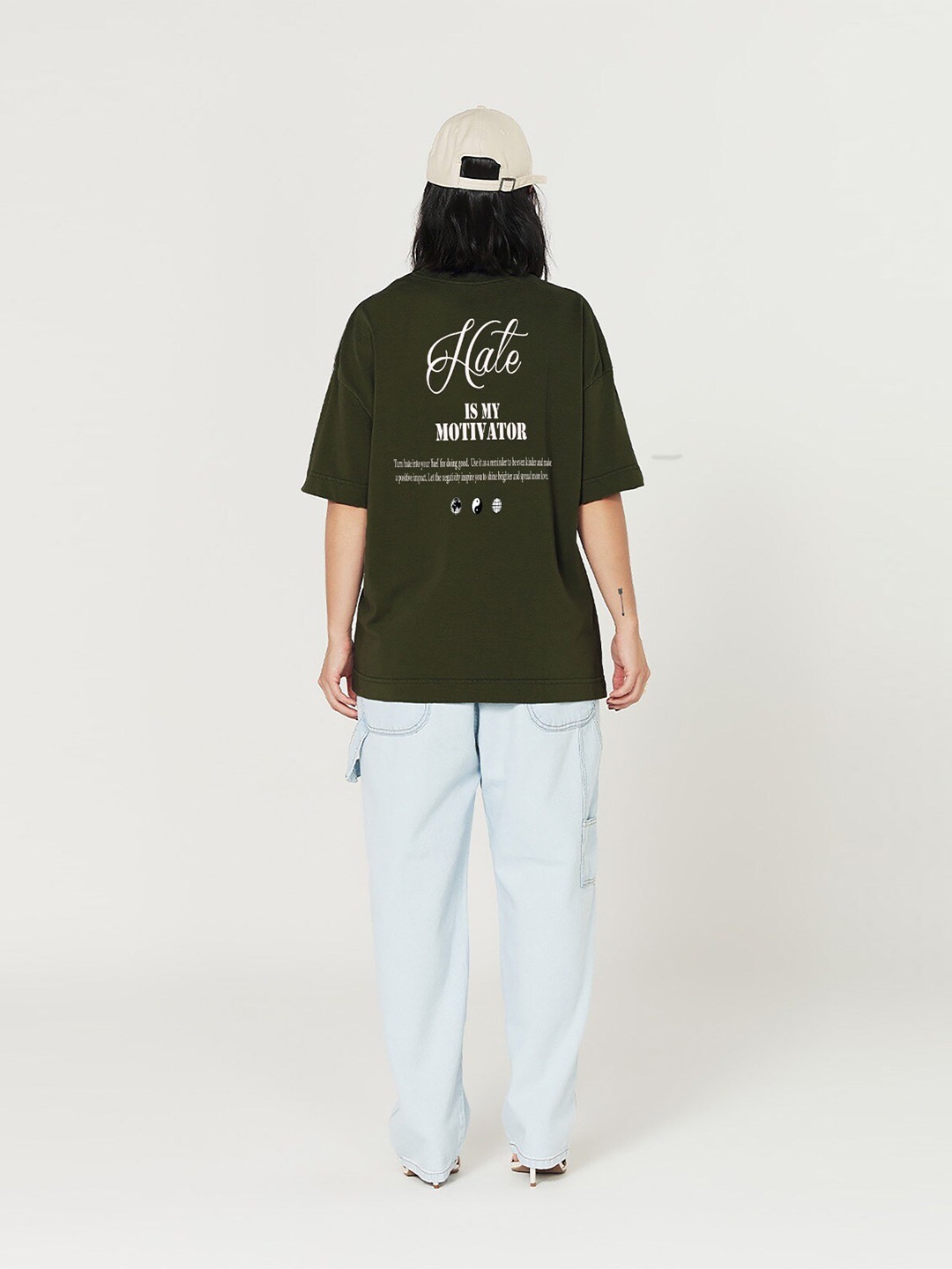 

MISCHIEF MONKEY Typography Printed Oversized Cotton T-shirt, Olive