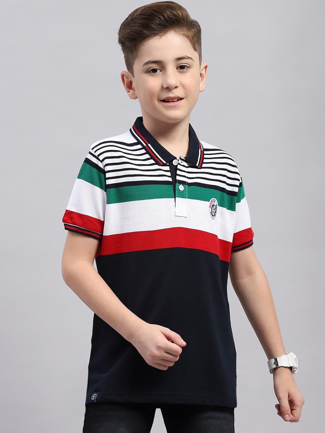

Monte Carlo Boys Striped Polo Collar Cotton T-shirt, Navy blue