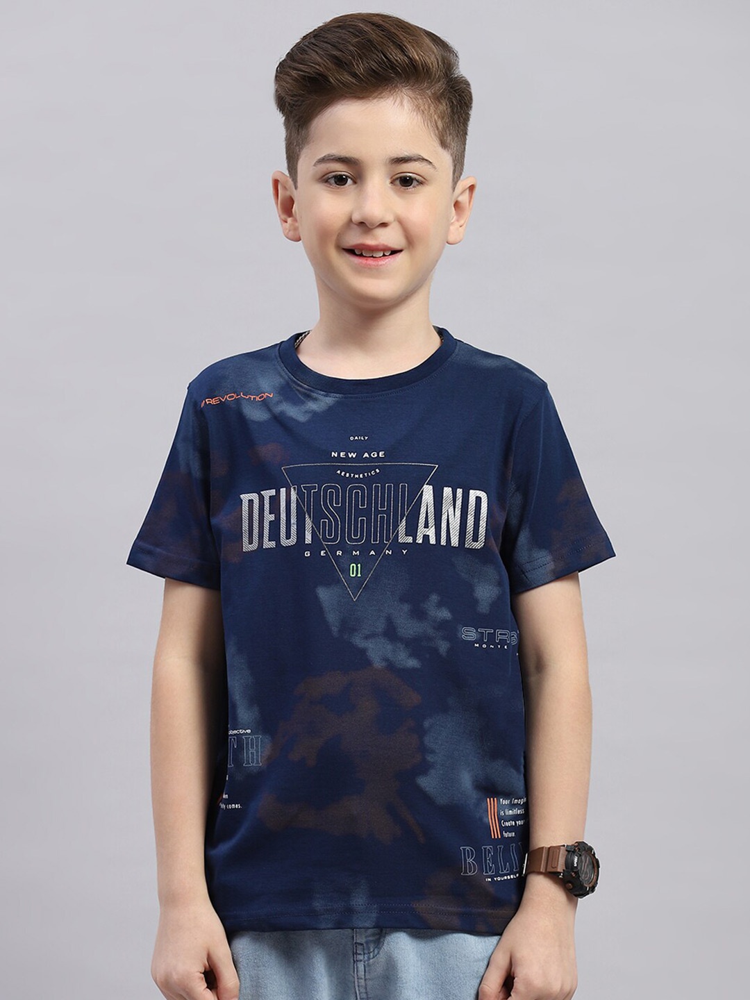 

Monte Carlo Boys Round Neck Short Sleeves Typographic Printed Regular Fit Cotton T-shirt, Navy blue