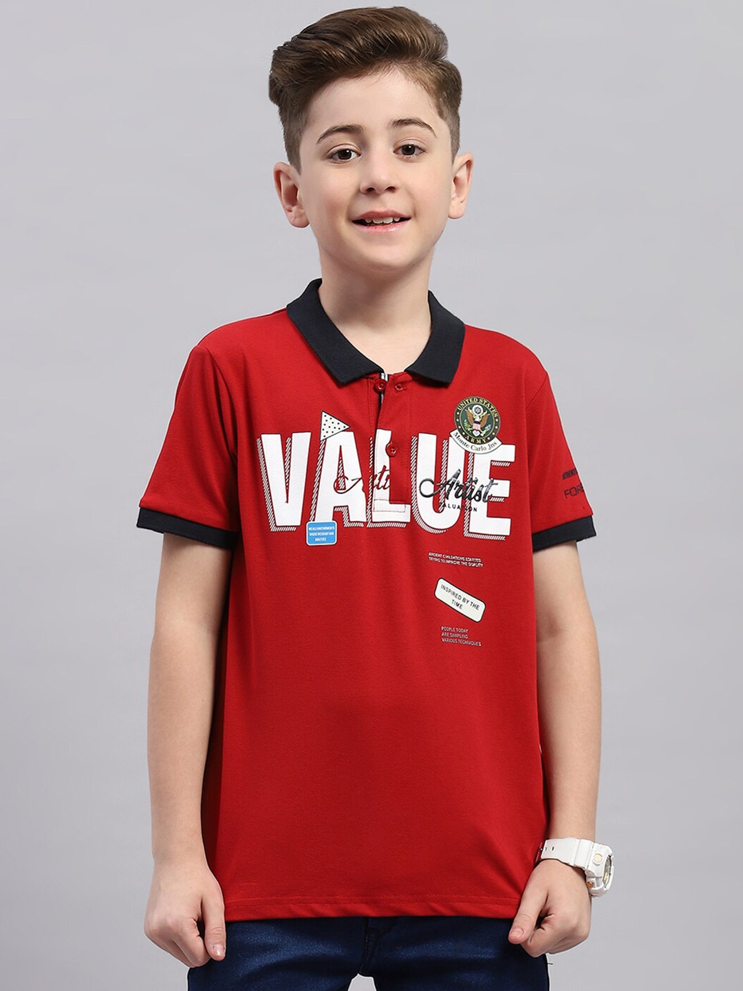 

Monte Carlo Boys Polo Collar Short Sleeves Typography Printed Regular Fit Cotton T-shirt, Red