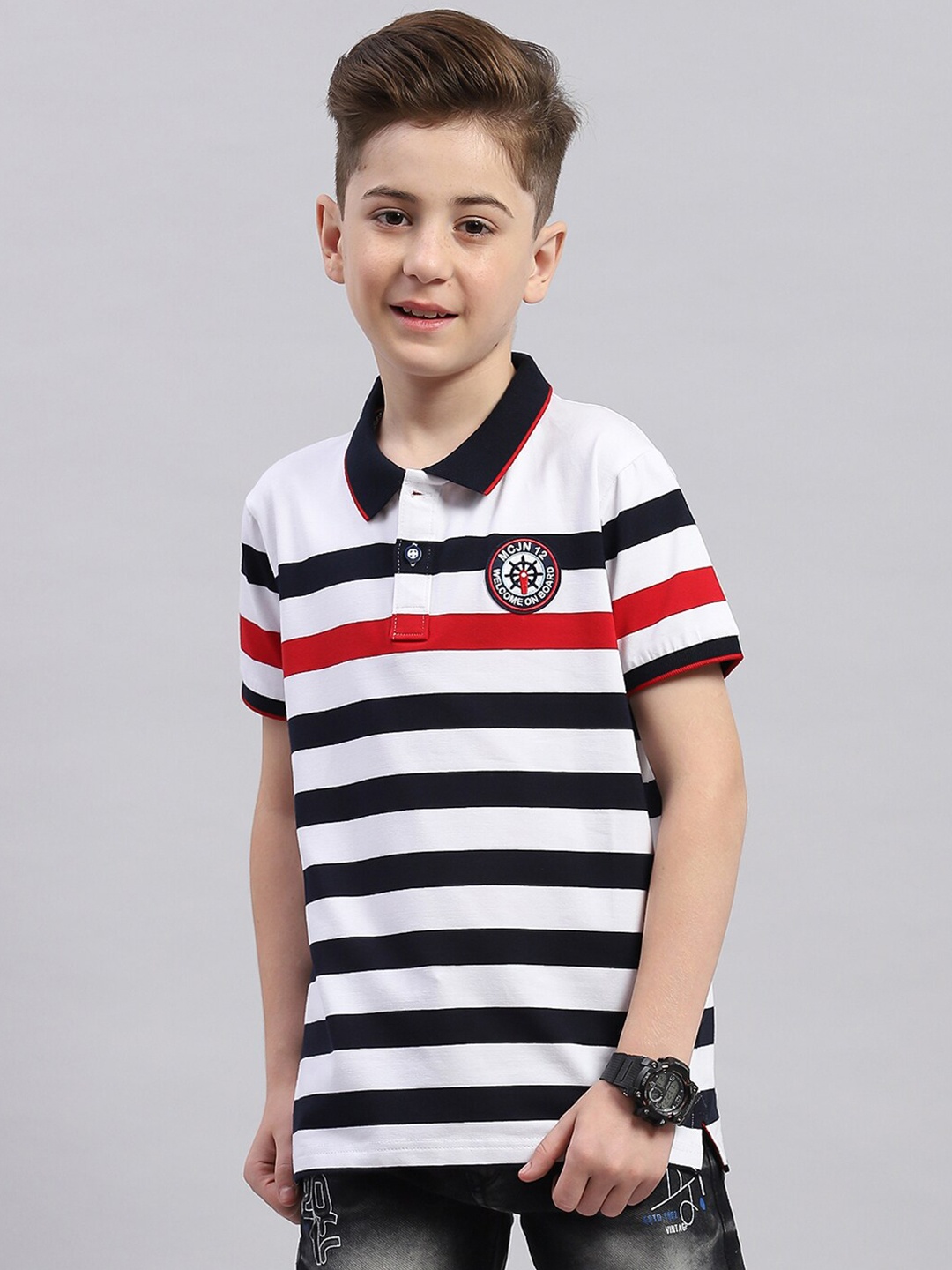 

Monte Carlo Boys Striped Polo Collar T-shirt, White