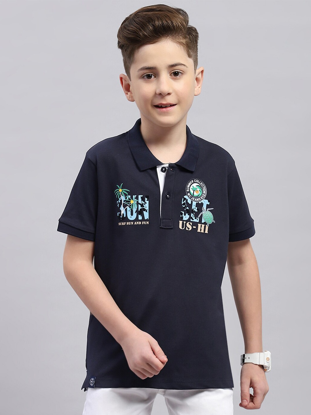 Monte Carlo Boys Typography Polo Collar Cotton T-shirt, Navy blue