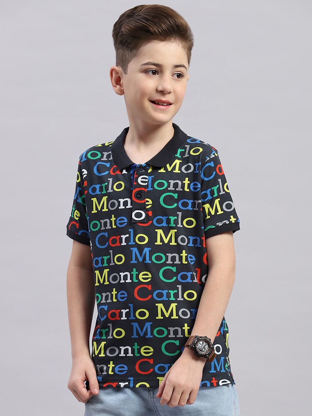 

Monte Carlo Boys Typography Printed Polo Collar Cotton T-shirt, Black