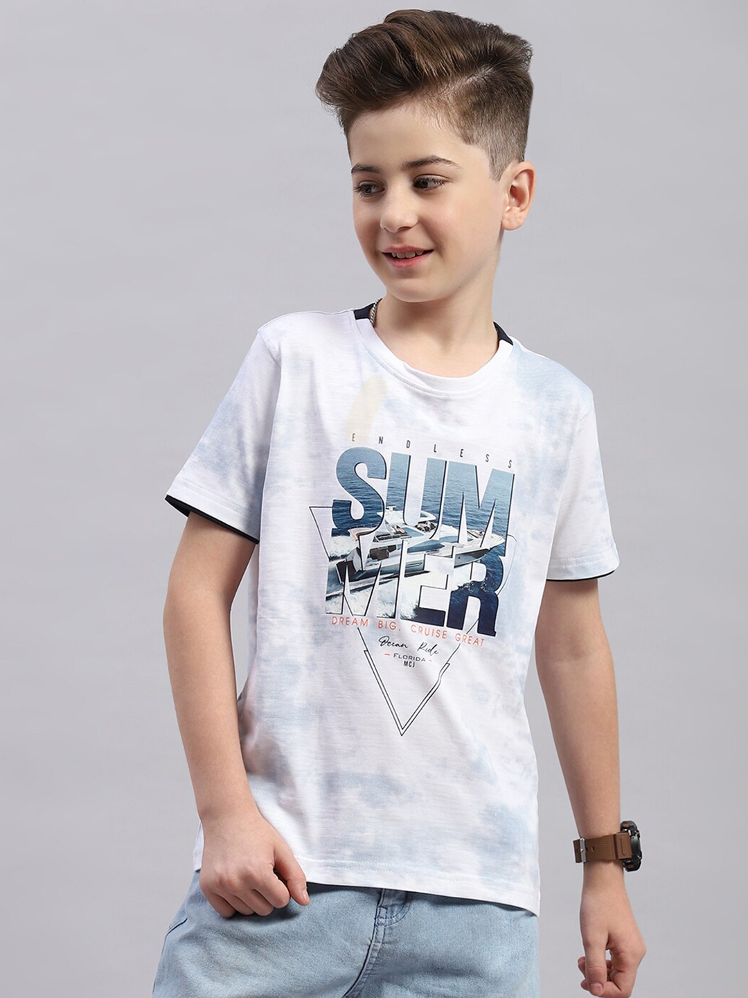 

Monte Carlo Boys Typography Printed Cotton T-shirt, Off white