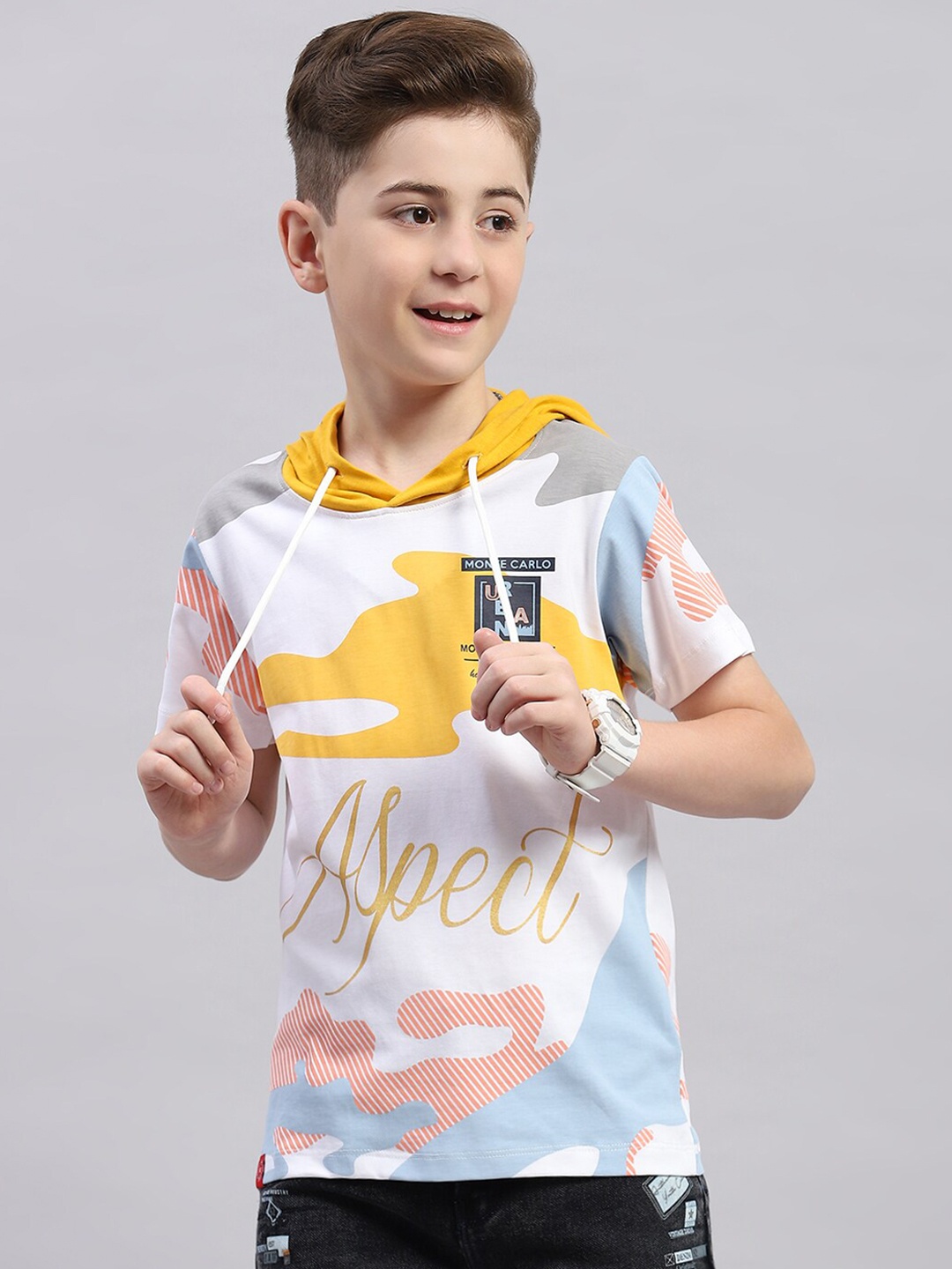 

Monte Carlo Boys Hooded Neck Short Sleeves Typography Printed Regular Fit Cotton T-shirt, White