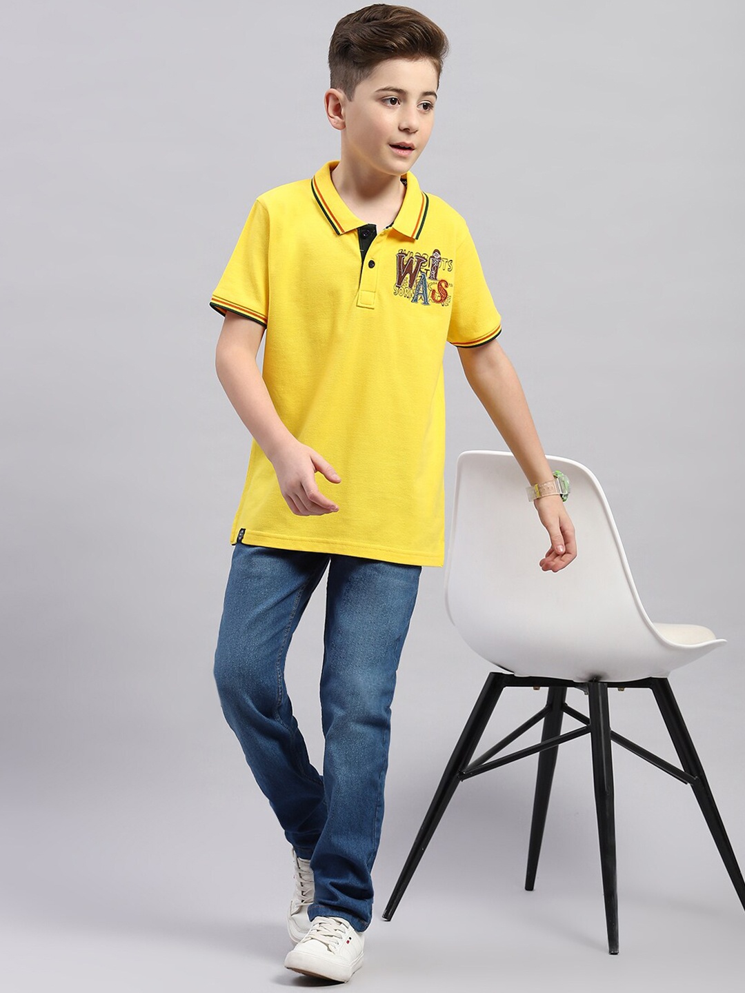 

Monte Carlo Boys Typography Printed Polo Collar Cotton Casual T-shirt, Yellow