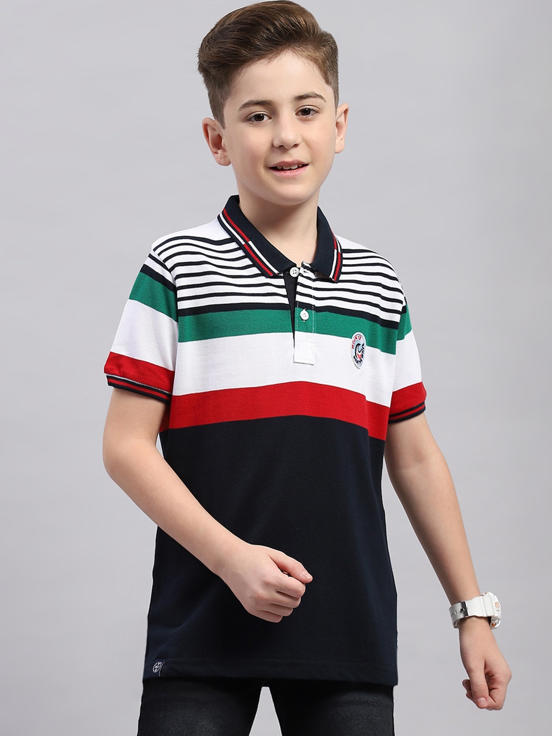 

Monte Carlo Boys Striped Polo Collar Cotton T-shirt, Navy blue