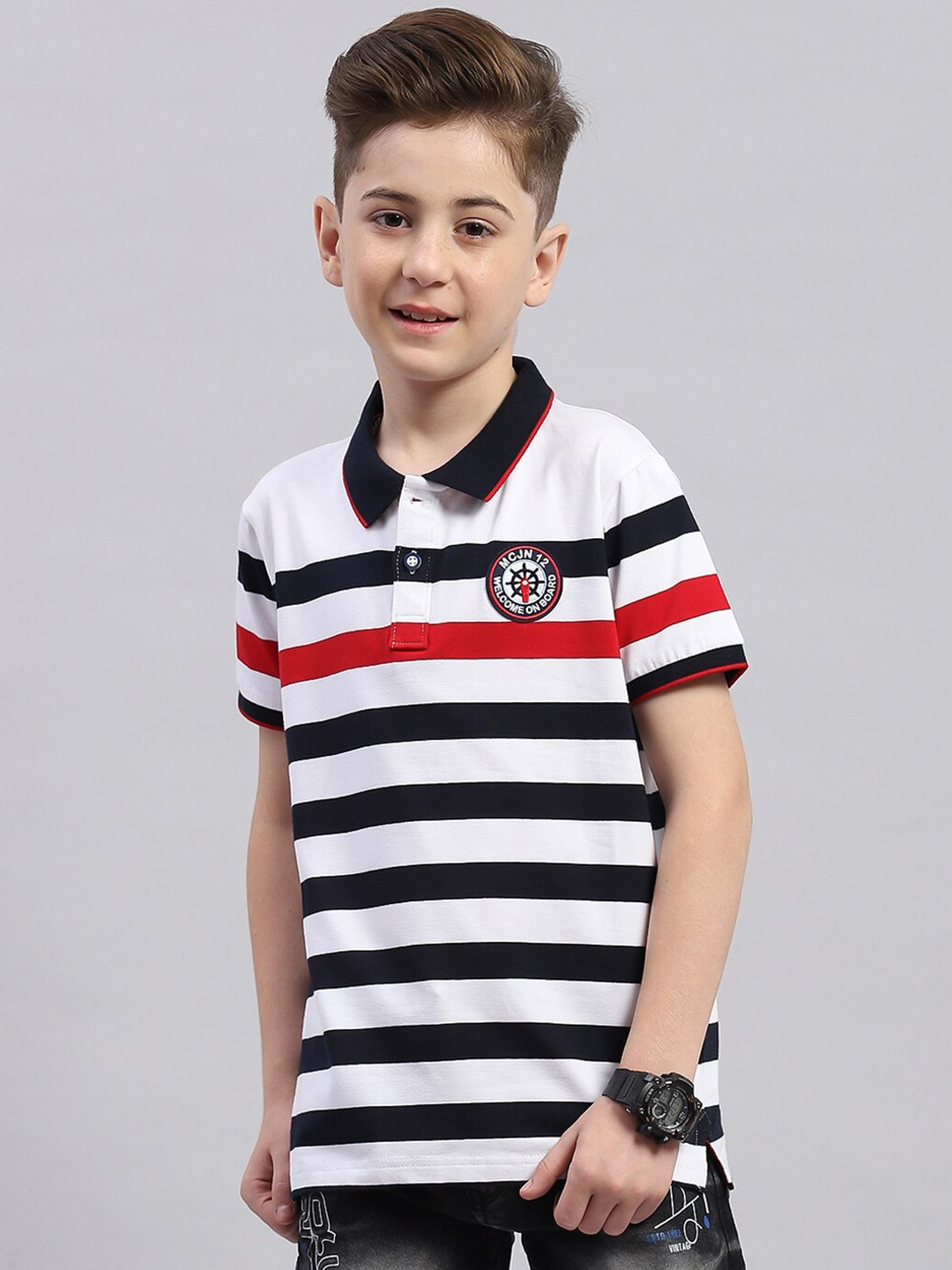 

Monte Carlo Boys Striped Polo Collar Cotton T-shirt, White