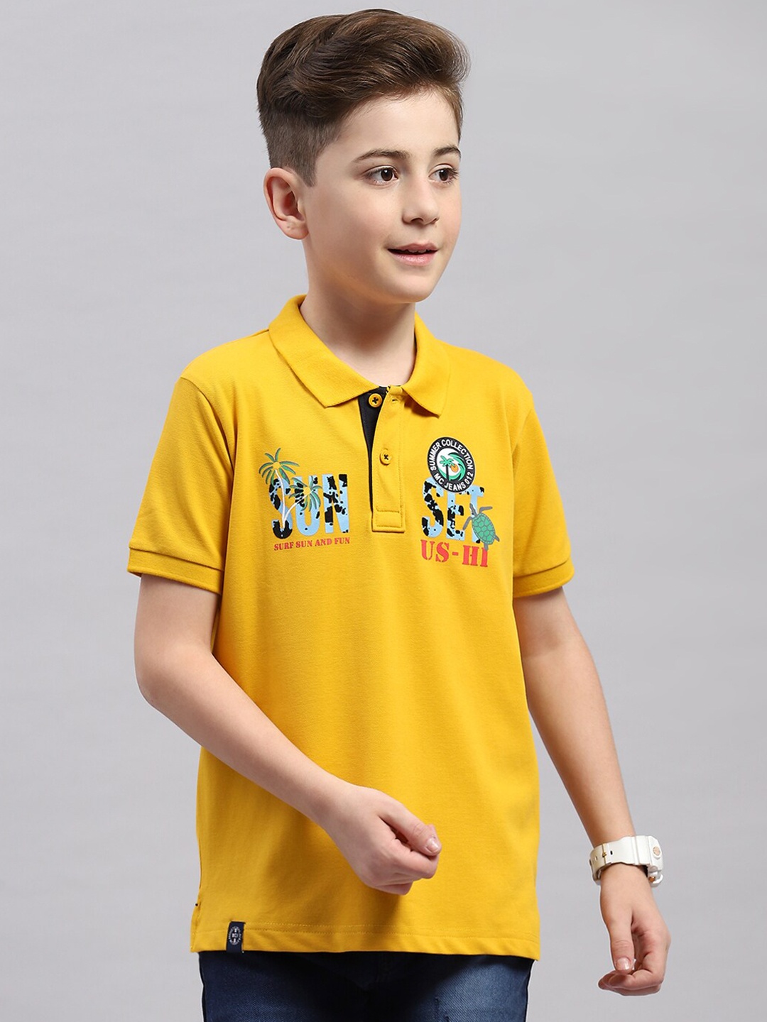 

Monte Carlo Boys Polo Collar Short Sleeves Typography Printed Regular Fit Cotton T-shirt, Mustard