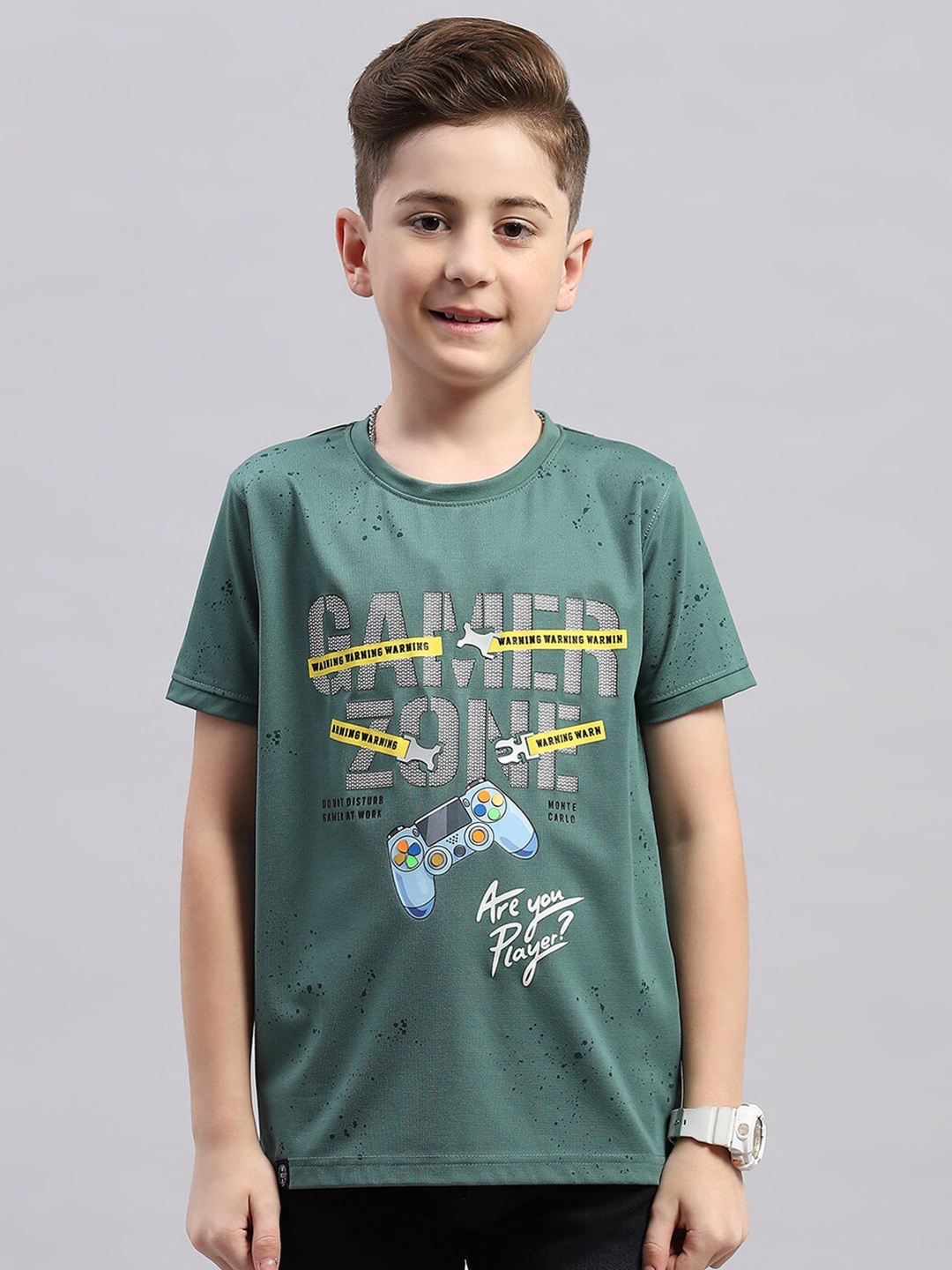 

Monte Carlo Boys Typography Printed Raw Edge T-shirt, Green