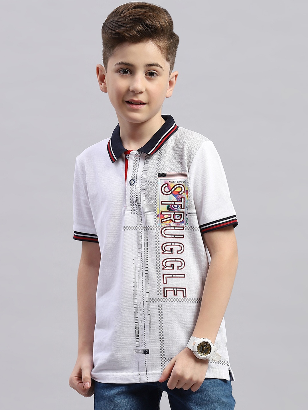 Monte Carlo Boys Typography Printed Polo Collar Cotton T-shirt, White