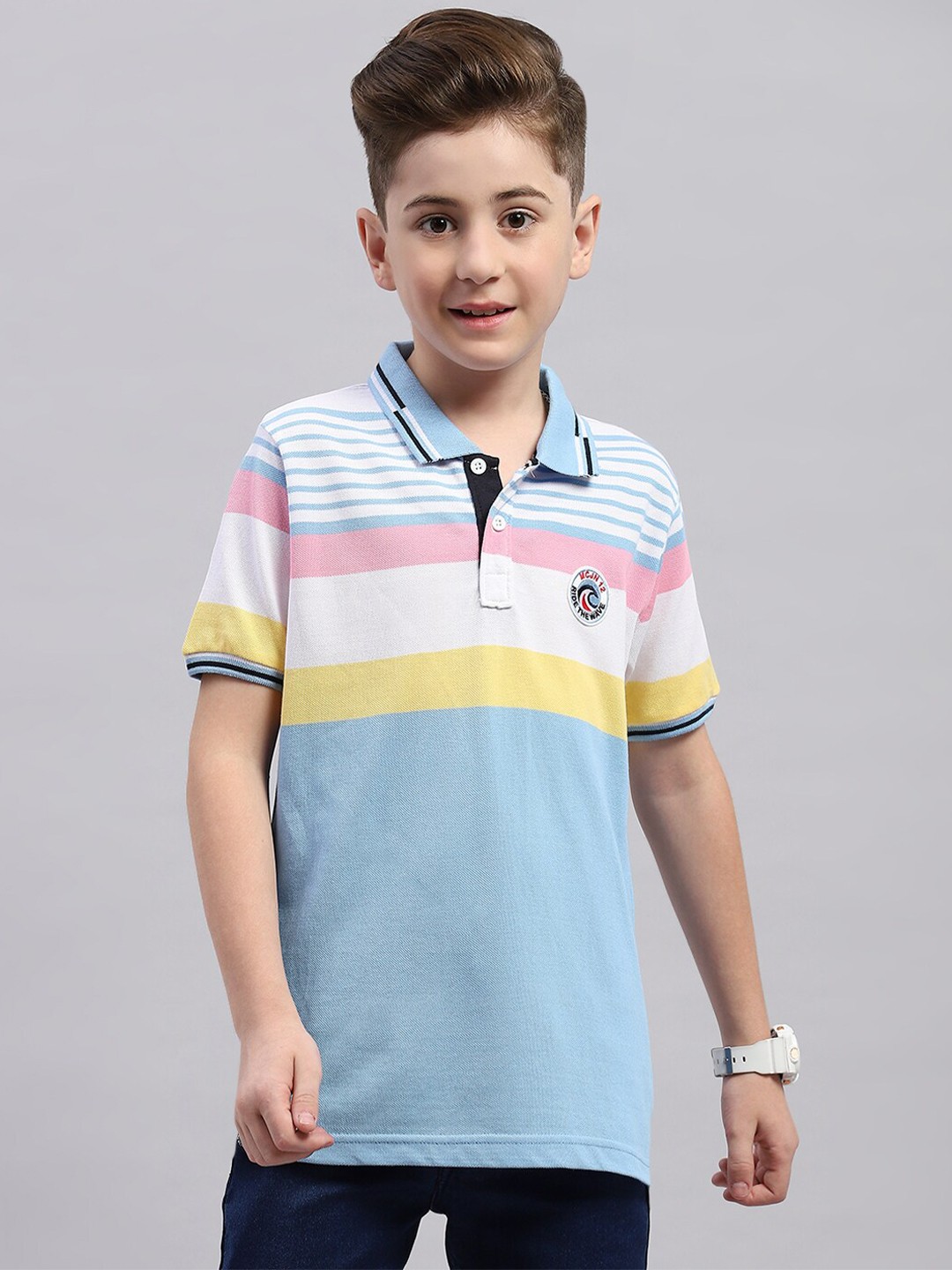 

Monte Carlo Boys Striped Polo Collar Cotton T-shirt, Blue