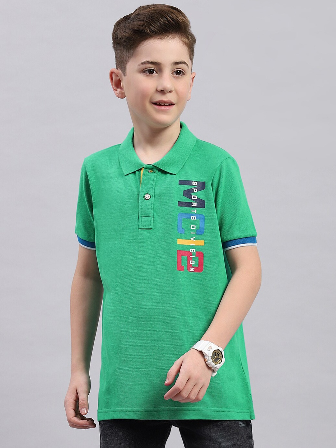 Monte Carlo Boys Typography Printed Polo Collar Cotton T-shirt, Green