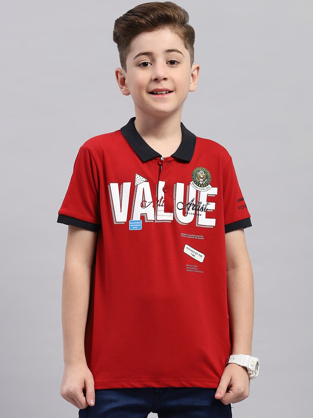

Monte Carlo Boys Typography Printed Polo Collar Cotton Casual T-shirt, Red