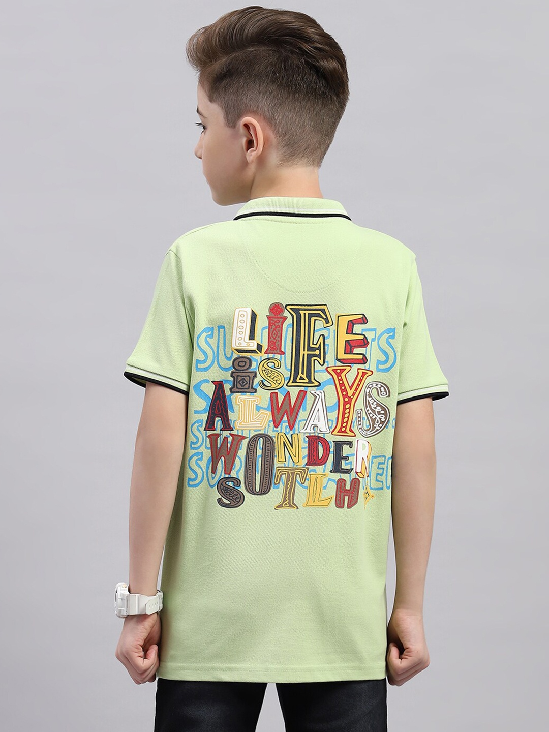 

Monte Carlo Boys Typography Printed Polo Collar Cotton T-shirt, Green