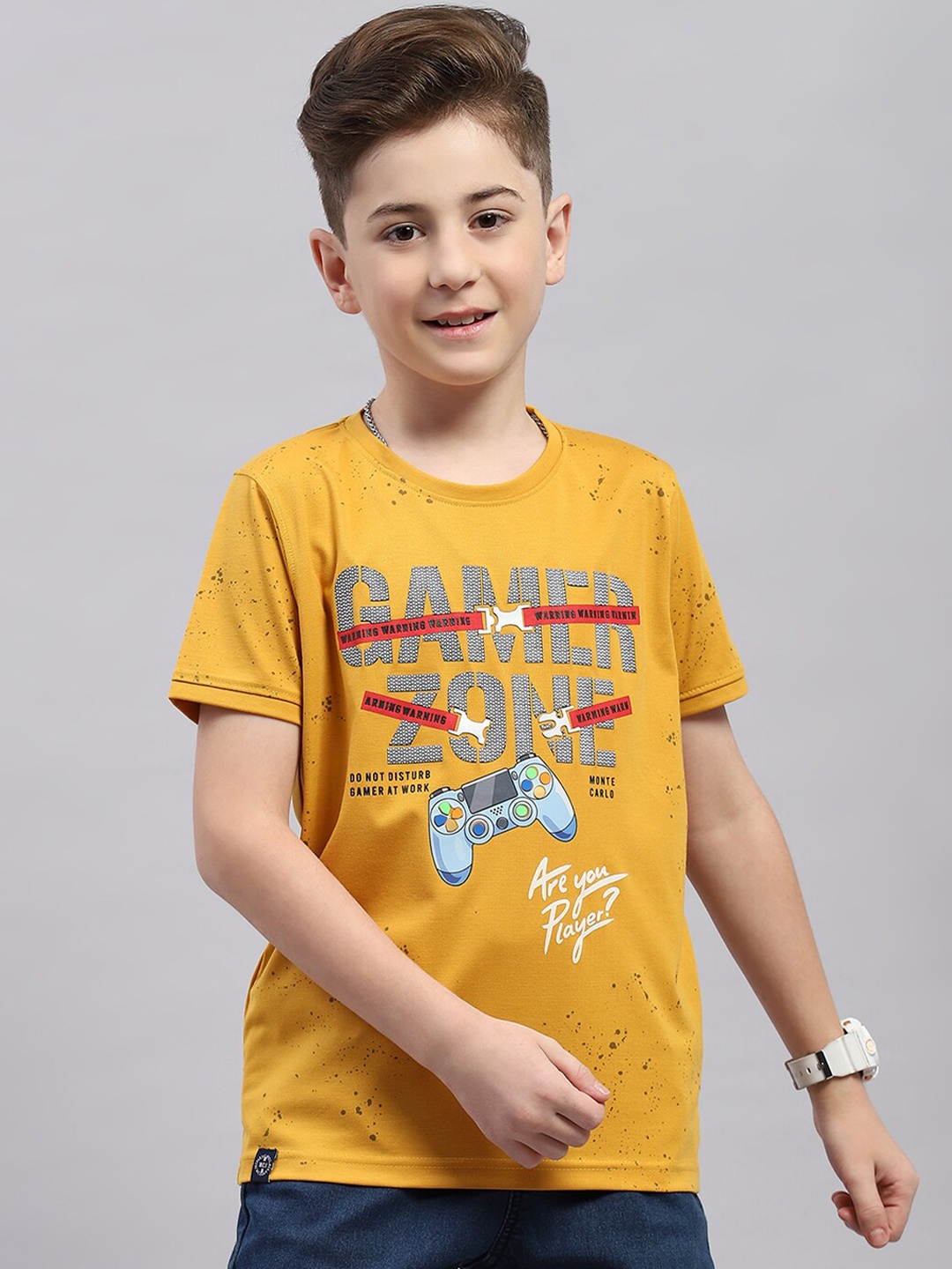 Monte Carlo Boys Typography Printed Applique T-shirt, Mustard