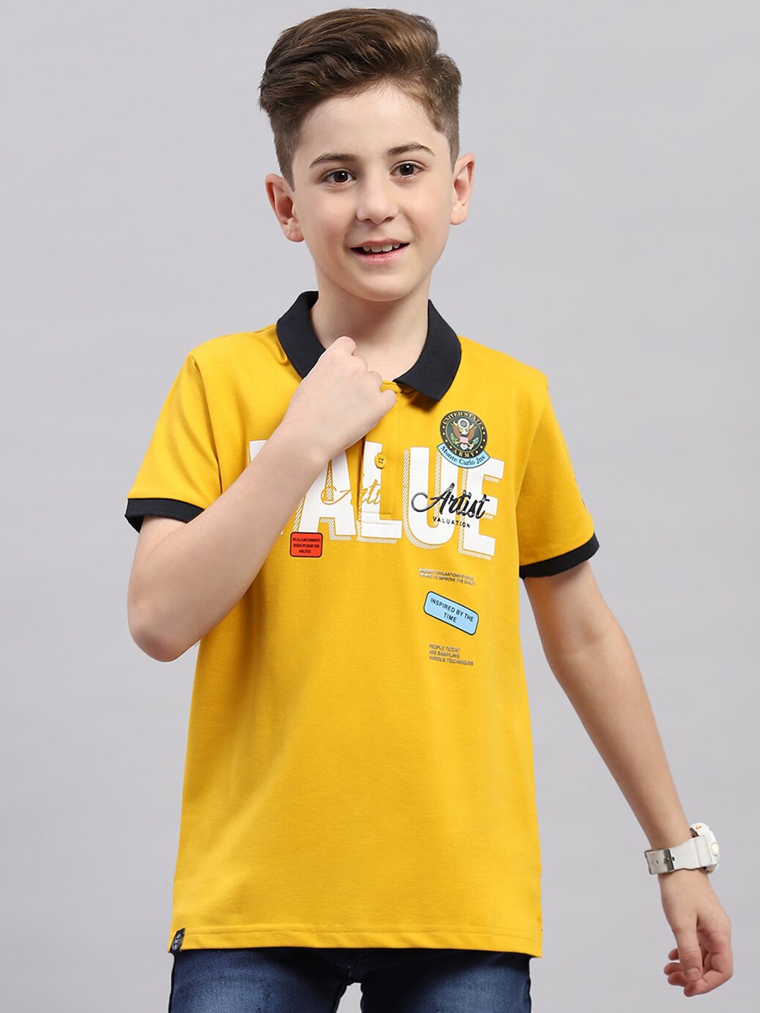 

Monte Carlo Boys Typography Printed Polo Collar Cotton T-shirt, Mustard