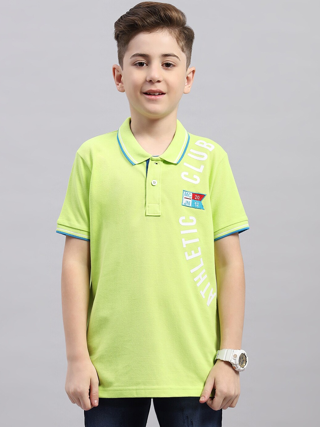 

Monte Carlo Boys Typography Printed Polo Collar Cotton T-shirt, Green