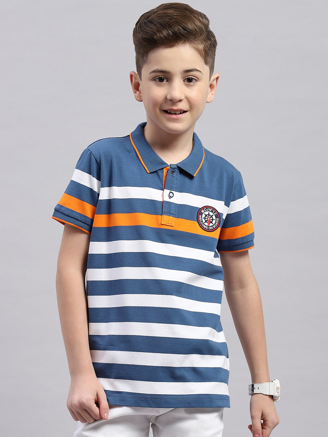 

Monte Carlo Boys Polo Collar Short Sleeves Typography Printed Regular Fit Cotton T-shirt, Blue