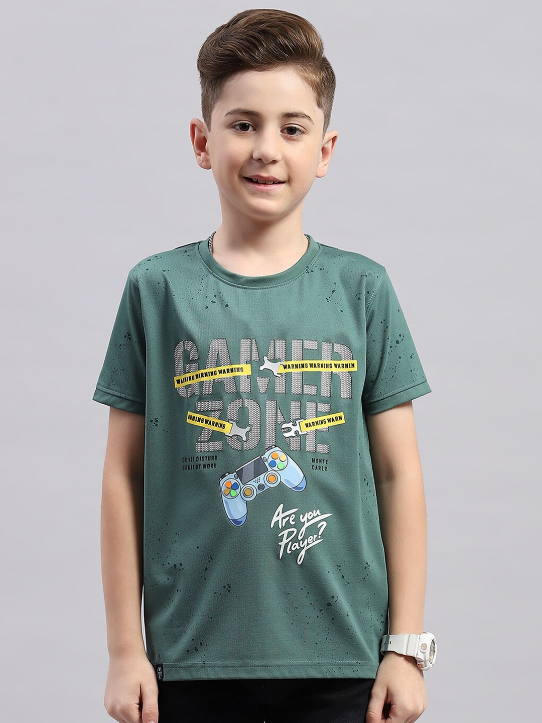 

Monte Carlo Boys Typography Printed Raw Edge T-shirt, Green