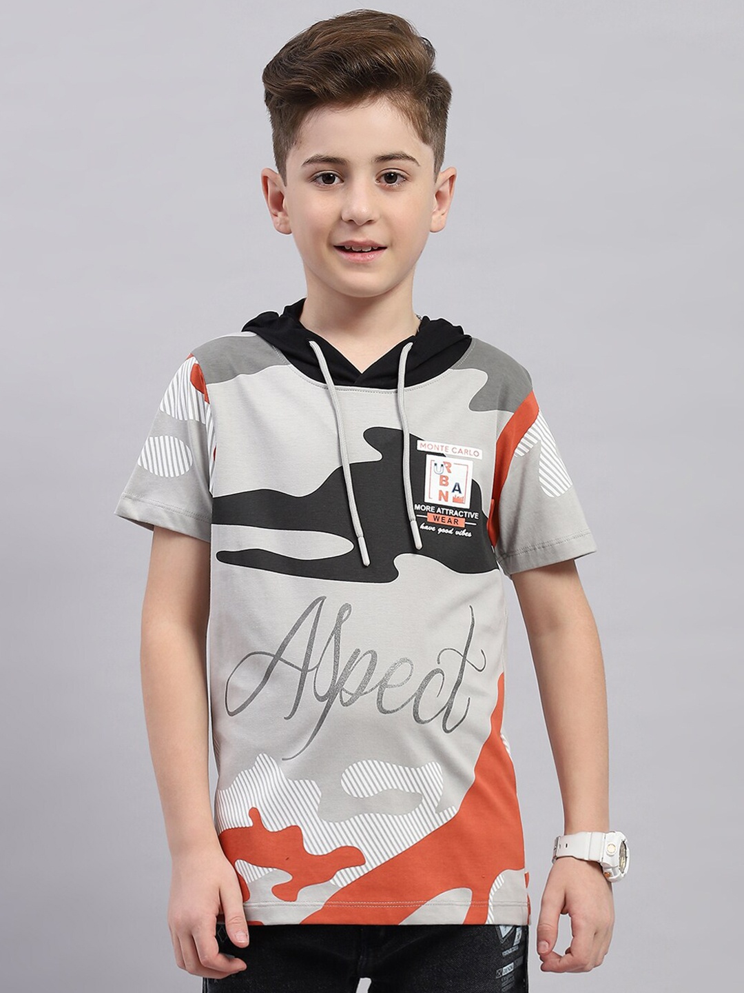 

Monte Carlo Boys Typography Printed Hooded Cotton T-shirt, Grey