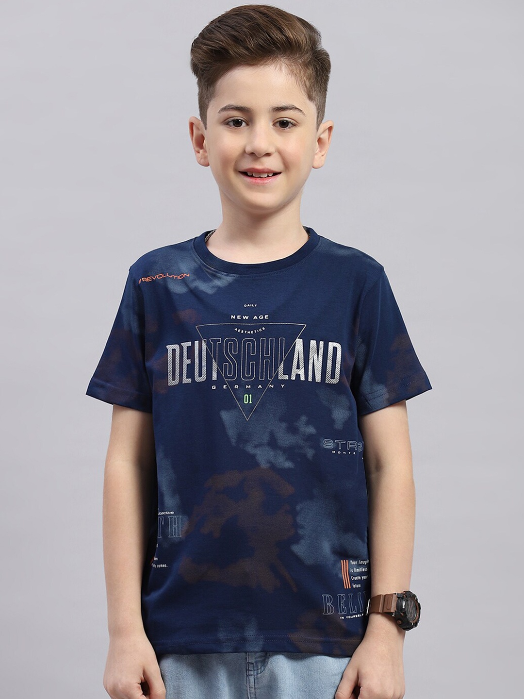 

Monte Carlo Boys Round Neck Short Sleeves Typographic Printed Regular Fit Cotton T-shirt, Navy blue