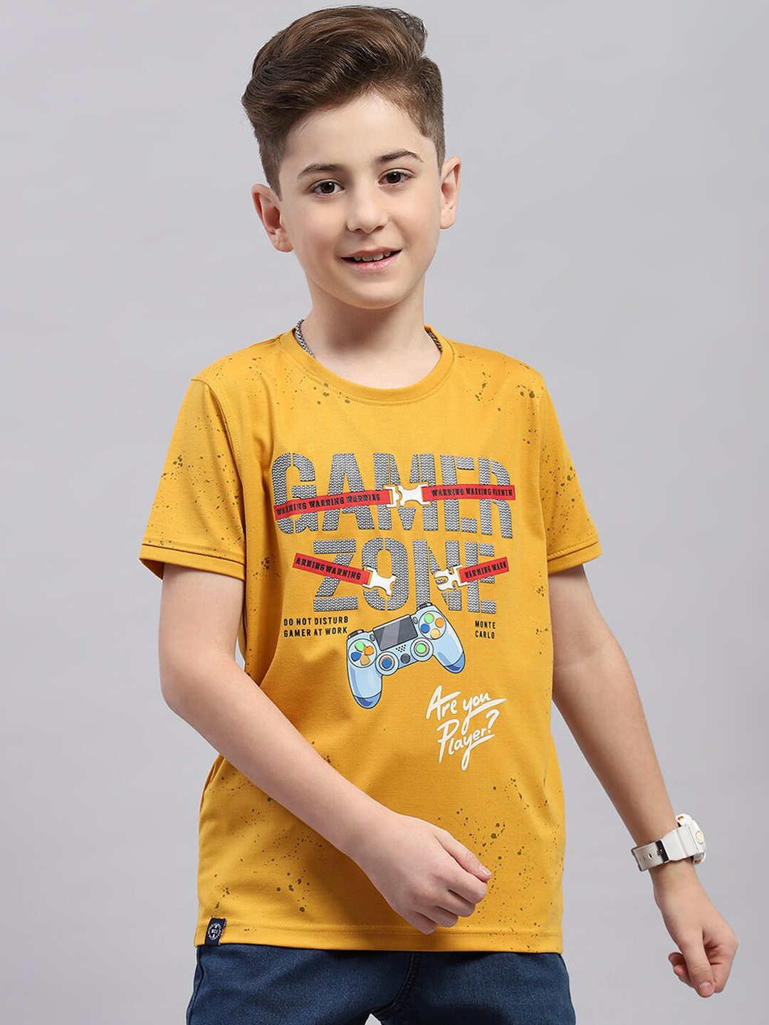 

Monte Carlo Boys Typography Printed Applique T-shirt, Mustard