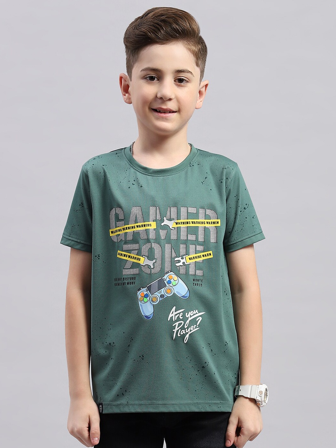 

Monte Carlo Boys Typography Printed Raw Edge T-shirt, Green