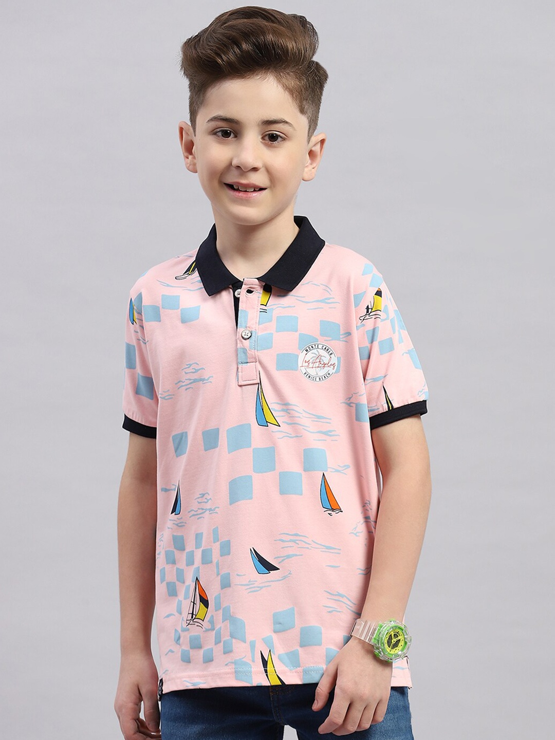 

Monte Carlo Boys Printed Polo Collar Cotton T-shirt, Pink