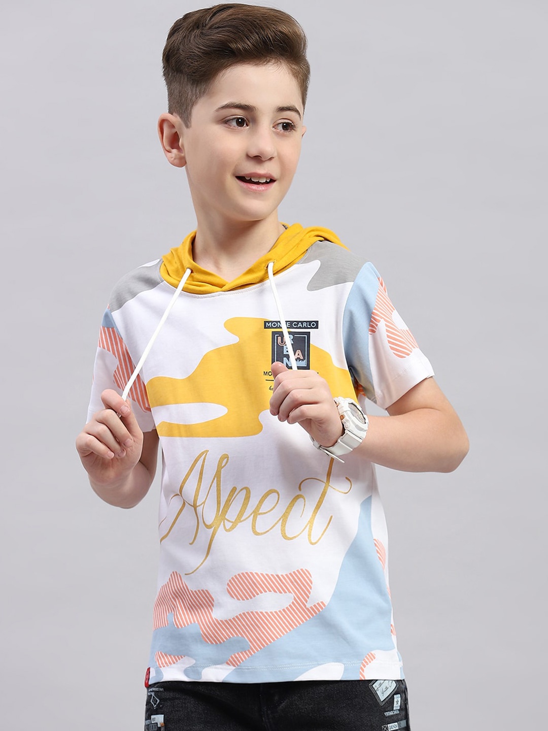 

Monte Carlo Boys Typography Printed Hooded Cotton T-shirt, White