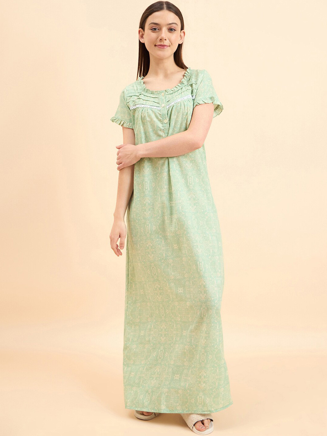 

Sweet Dreams Green Floral Printed Pure Cotton Maxi Nightdress
