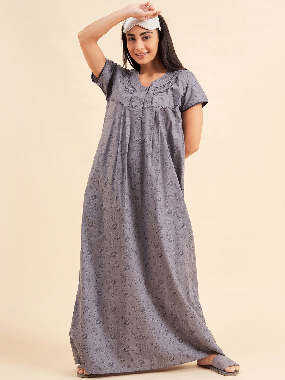 

Sweet Dreams Grey Floral Printed Pure Cotton Lace Maxi Nightdress