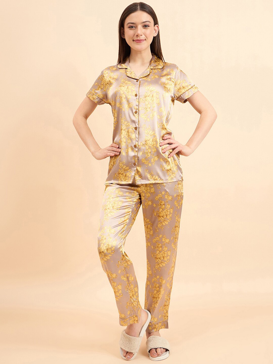 

Sweet Dreams Gold Plated & Yellow Floral Printed Lapel Collar Night suit