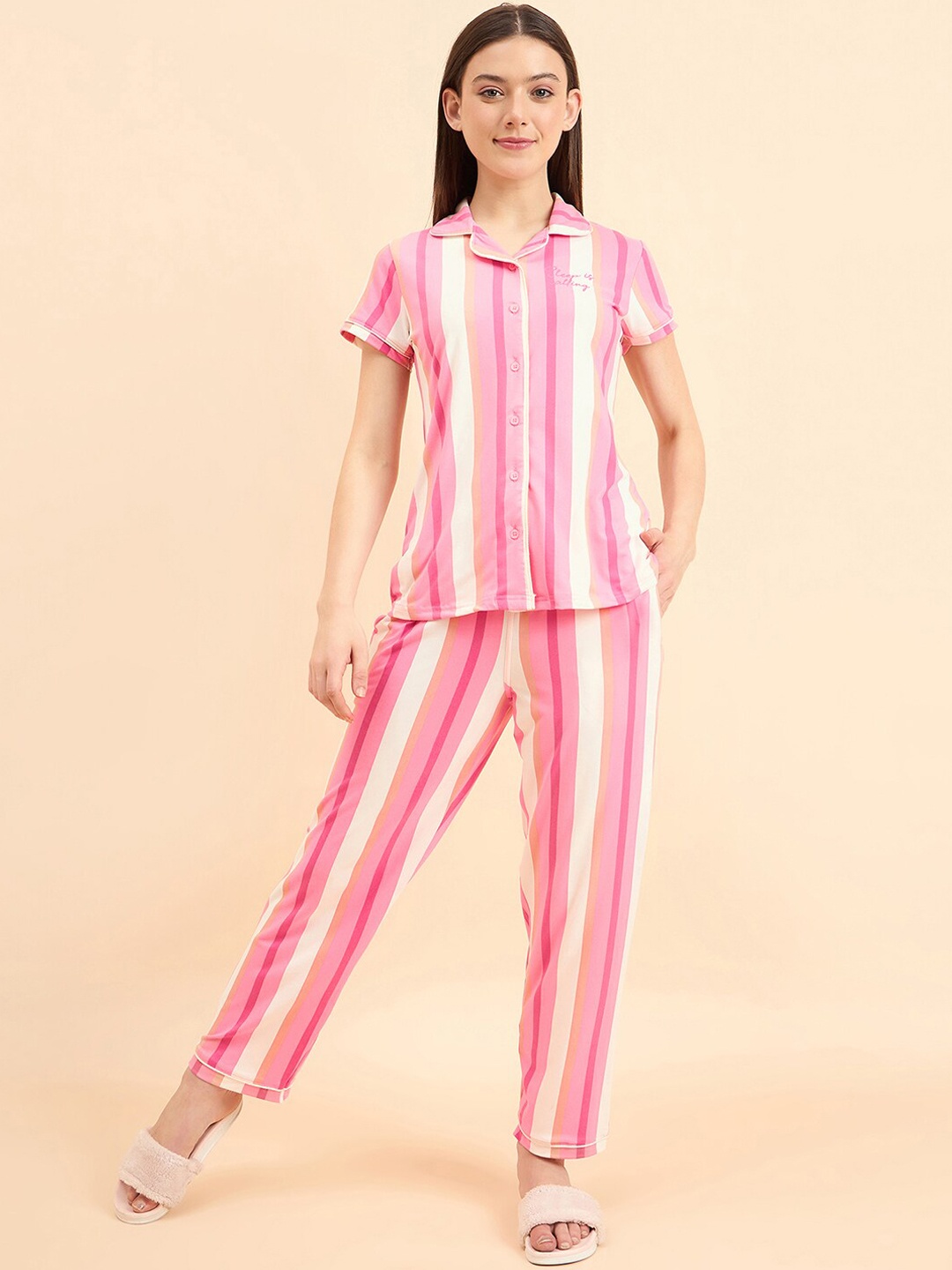 

Sweet Dreams Striped Lapel Collar Night suit, Pink
